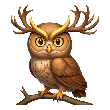 Emoji chouette perchée brun clair, yeux jaunes brillants,bois de cerf imposants sur la tête, sagesse et puissance. Avec majesté sticker