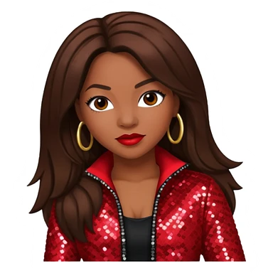 Tamika Scott from Xscape with long dark brown hair, red sequin outfit sticker
