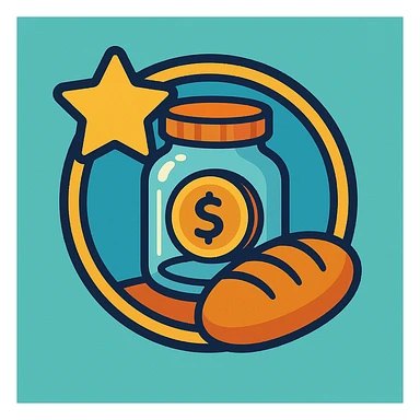 single emblem blending savings jar, star for wants, and loaf of bread for needs, friendly cartoonish style sticker