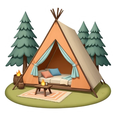 A-Frame house in a glamping setting, with a tent and outdoor furniture sticker