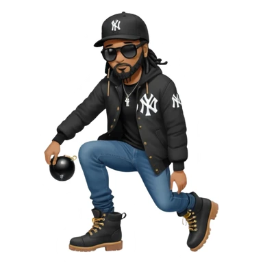 African American man with shoulder length black dreadlocks with black beard wearing black sunglasses wearing a black New York Yankees logo baseball cap wearing a black bubble winter coat wearing denim skinny jeans and timberland boots bending down tying up his shoes sticker