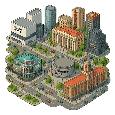 Изометричная миниатюрная фотореалистичная 3D модель Екатеринбурга - Дом Севастьянова, Ельцин-центр, Уральский федеральный университет, дома, Екатеринбург Арена, Штаб-квартира Русской медной компании, Здание Свердловского городского совета народных депутатов, четкие линии, яркие цвета, мультяшный реализм, люди, автотранспорт, компактная композиция, вид сверху в изометрии, прозрачный фон sticker