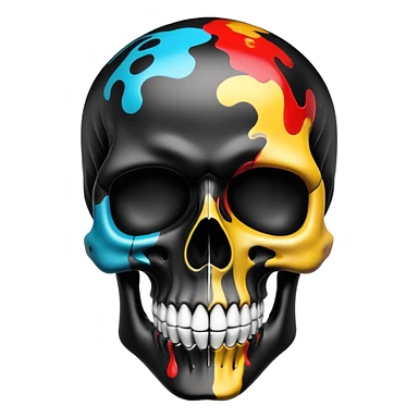 ultra premium smooth black skull with precise designer brand logo patterns, vibrant color splashes contained within skull shape, clean professional airbrush effect, front view sticker