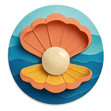 clam with a large pearl, ocean background, layered paper effect, paper-craft style sticker