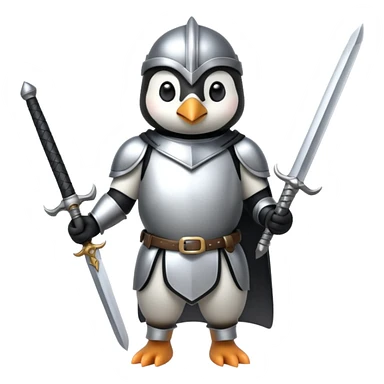 penguin wearing shiny silver knight armor, holding a sword sticker