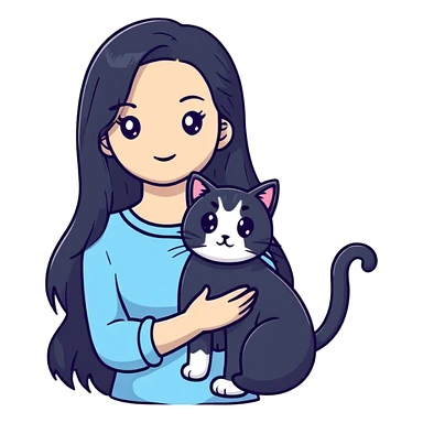 beautiful girl with long black hair holding a silver-colored cat sticker