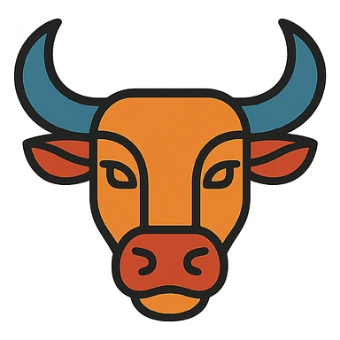 stylized ox head icon, large horns, curved snout, strong jaw, modern icon style sticker