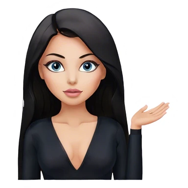 Glamours, tanned, beautiful, girl, with blue eyes, big pump peach-beige-rose lips, eyeliner, long lashes, black straight smooth silky long hair, parting hair in the middle,  in black v-neck bodysuit long sleeves sticker