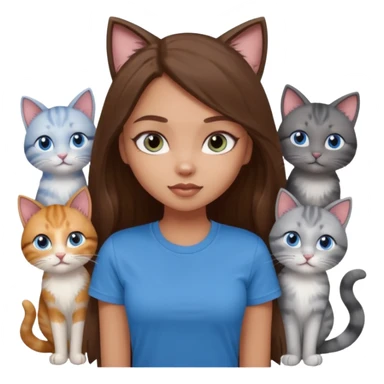 a pretty bratz dusky light skin girl with long brown hair, blue eyes with six cats nd wearing a grey tshirt sticker