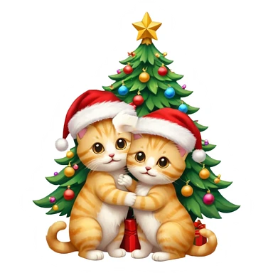 2 gold eyed cute hugging happy fluffy gold kittens with Santa hats by a colorful multicolored brightly lit up Christmas tree sticker