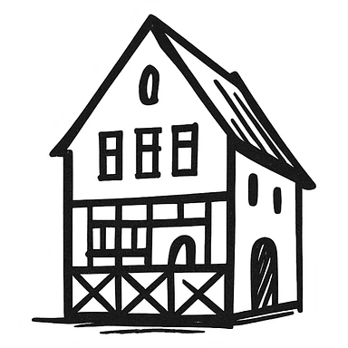 Icon of a house in Kaliningrad, hand drawn, black outlines, no fill, simple and clean, angled view sticker