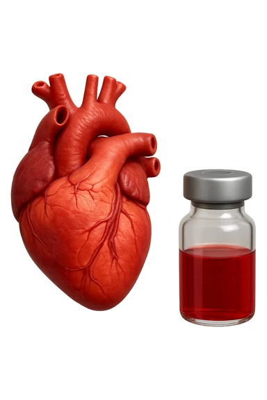 emoji stile iphone di cuore anatomico realistico in 3d che fluttua in aria insieme a una boccetta di fiala medica, FALLO MOLTO REALISTICO IN 3D sticker