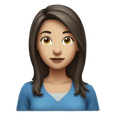 brunette woman shoulder-length hair standing wearing a blue shirt and holding a book sticker