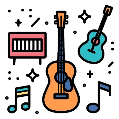 music icons with piano, guitar, and musical notes sticker