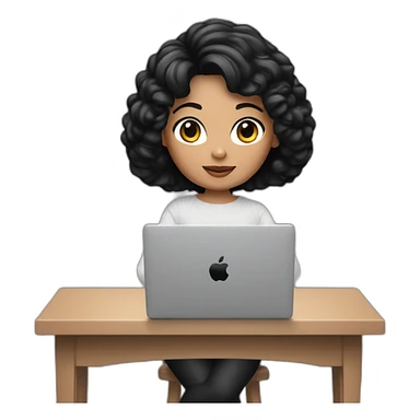 memoji of a female with a modern apple laptop in front, black hair, white skin, black sweater, computer in hand --ar1:1 sticker