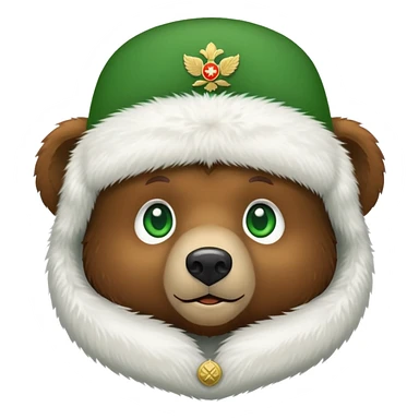 Adorable brown bear with green eyes, white furry ushanka with clear Russian Federation emblem centered on front, minimalist iOS emoji style sticker