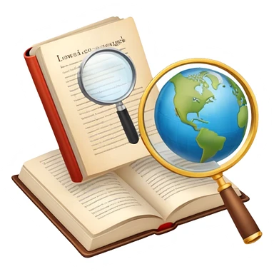 An icon featuring an open book, a speech bubble, and a magnifying glass, symbolizing the study of language and linguistics. The design includes letters, words, and a globe, representing the analysis of languages and communication across cultures. Transparent background. sticker