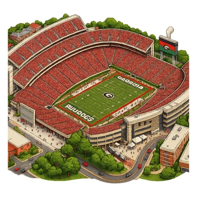 Изометричная, яркая, детализированная и фотореалистичная иллюстрация стадиона Sanford Stadium в стиле 3D-коллажей городов, насыщенные цвета, аккуратные и чёткие линии, мультяшно-реалистичная стилистика. Чёткие контуры, не размазанные линии, прозрачный фон, высокое качество. sticker