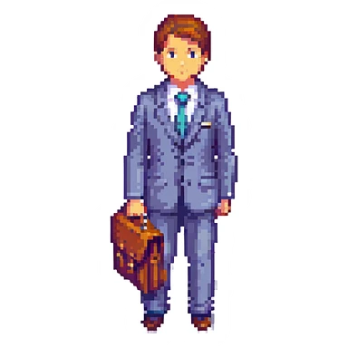 8-bit pixel art icon of a recruiter Mega Man style with a suit and tie holding a briefcase standing confidently sticker