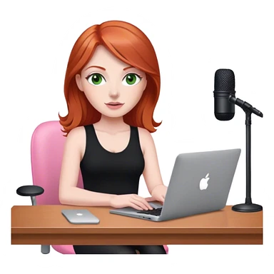 Redhead with green eyes sat at desk with pink MacBook and  podcast microphone black top and pink chair  sticker
