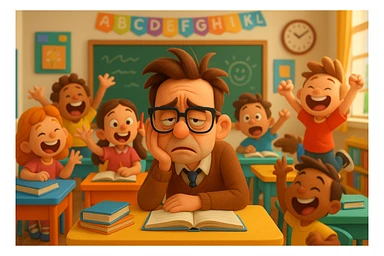 3d cartoon art of a exhausted teacher in a bustling classroom sticker