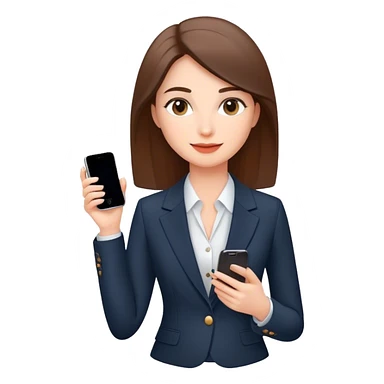 a woman in an elegant classic suit with a slight smile. Her makeup is natural, and she looks busy, for example, holding a phone in her hand. sticker