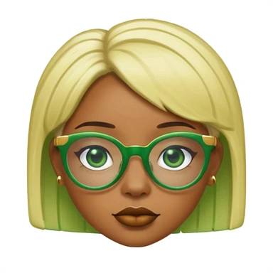 Caramel skin black woman 52 with green glasses that have gold edges and very blonde hair that’s very short but still puffy and small sticker