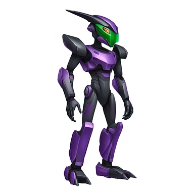 a shiny black-green-purple Genesect-Raptor-Fakémon-Medabot-hybrid with a futuristic visor-helmet full body sticker