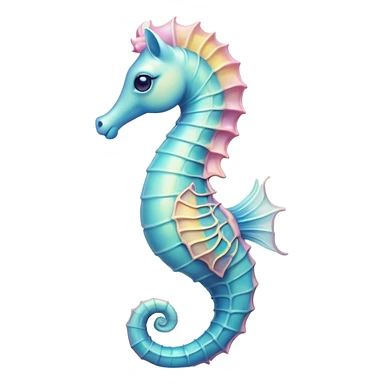 Cinematic Noble Sea Horse Portrait Emoji, Poised and enchanting, with a delicate, slender body in soft pastel hues, a gracefully curled tail and large, expressive eyes radiating gentle wonder, Simplified yet charmingly cute features, highly detailed, glowing with a soft, magical aquatic luminescence, high shine, intelligent and endearing, stylized with an air of whimsical marine grace, focused and poised, soft glowing outline, capturing the essence of a watchful and confident seahorse that appears ready to drift out of the screen with delightful charm! sticker