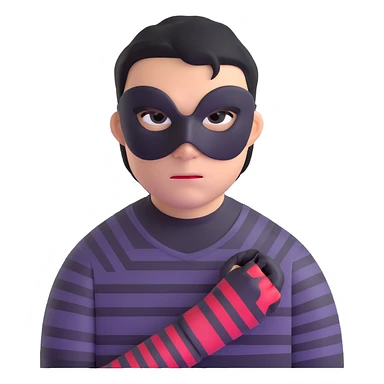 intimidating robber with black mask around eyes, striped shirt, bold sneaky look, no weapons sticker