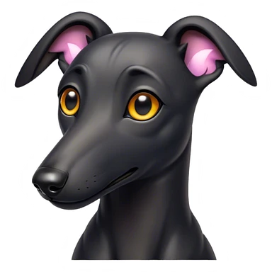 Cinematic Cute Black Greyhound Portrait Emoji, Head tilted playfully and inquisitively, featuring a smooth, shiny jet-black Fur and round, sparkling dark eyes filled with curiosity, Simplified yet irresistibly adorable features, highly detailed, glowing with a warm, friendly glow, high shine, affectionate and agile, stylized with a touch of whimsy, bright and endearing, soft glowing outline, capturing the essence of a mischievous yet loving racer, so playful it feels like it could dash out of the screen and into your arms! sticker