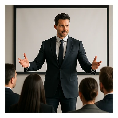 a dominant man giving a presentation in a business setting, charismatic, professional look, engaging and confident speaker sticker