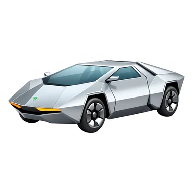 A futuristic chrome car emoji, sharp geometric body design inspired by cybertruck aesthetics, smooth silver metallic surface, matte and glossy chrome mix, minimal details, soft reflections, clean edges, iOS emoji style, centered, clean white background, soft studio lighting, no text sticker