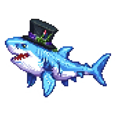 pixel art shark with a black tophat, side view sticker