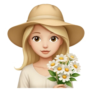 beautiful model blonde girl in a summer beige hat in a beautiful white top with a bouquet of white flowers sticker