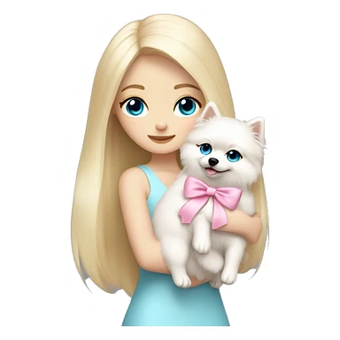 Blond girl white skin blue eyes hugging white Pomeranian with light pink bow sticker