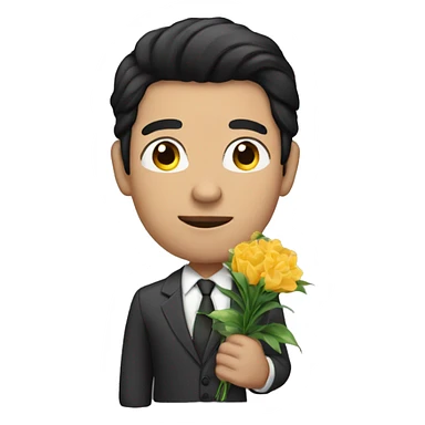 A man with black hair and fair skin in a suit holding flowers sticker