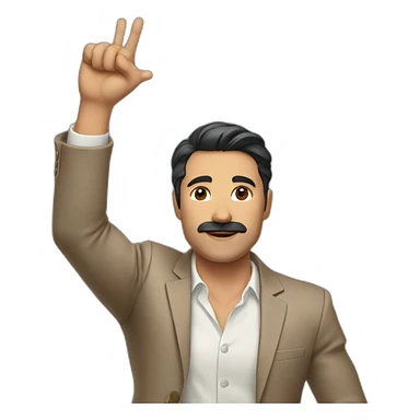 Man with light brown suit, dark hair and small mustache. He holds his arm up in the air sticker