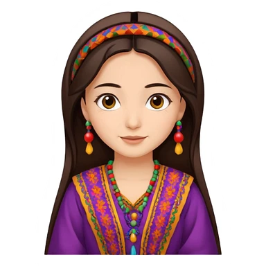 girl with dark brown hair in a traditional Afghan dress, cheerful expression emoji sticker