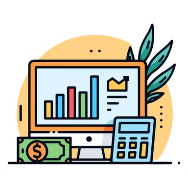 financial advisor with charts, calculator and money sticker