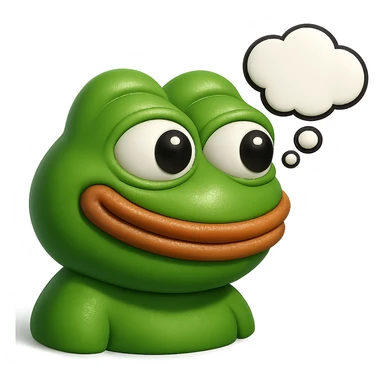 make a pepe in bright green smiling with thought bubble looking at right side in 3d style, good highlights and shadows, drop shadows sticker
