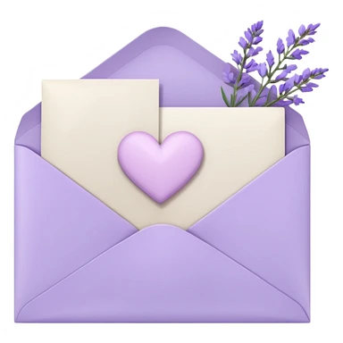 a closed pastel light whitish purple envelope wit a white heart doodle on it, with h some white papers, and lavender flowers laying on top  sticker