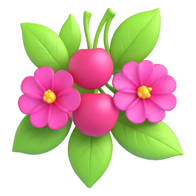 3D iOS-style illustration of two bright pink cherries with green leaves and pink flowers, metallic effect, no background. sticker