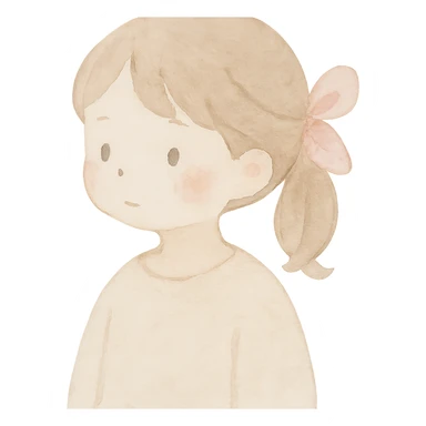 cute female character with pink hair ribbon, watercolor painting style, childlike features sticker