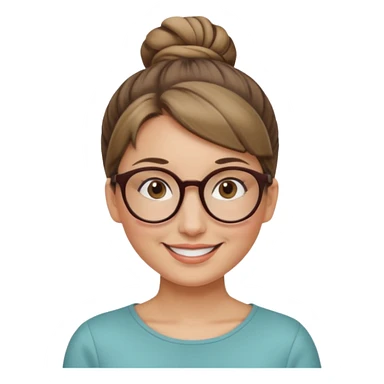 femme de 38 ans avec des cheveux blond foncé, un chignon haut, yeux bruns, lunettes rondes sticker