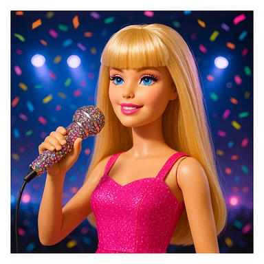 Pretty and girly Blonde pop star with bangs, holding a bedazzled microphone, reimagined as a Barbie doll, with a nighttime concert backdrop with colorful confetti sticker