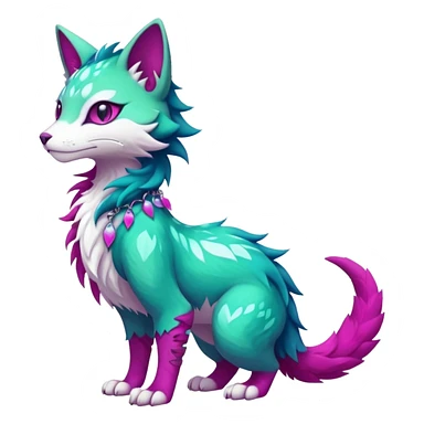 Kawaii colorful iridescent turquoise-green and magenta and white beautiful pretty elegant divine edgy fantasy feline-vernid-sergal-Fakémon-Pokémon-fursona-animal-creature with accessories, full body, with intricate detailed markings sticker