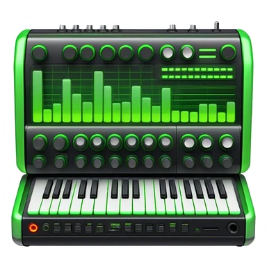 Create a creative and technical emoji that represents sound design. The design should feature a sound mixing console, audio waveforms, and sound effects icons (like a reverb or delay knob) to symbolize the manipulation and crafting of sound. Add elements like a synthesizer or audio interface to reflect the electronic aspect of sound creation. Use colors like neon green, blue, or purple to represent the innovative and experimental nature of sound design. The background should be transparent. sticker