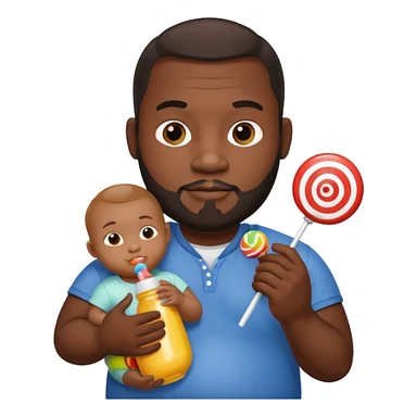 Big black man hold a  baby bottle and a lollipop sticker