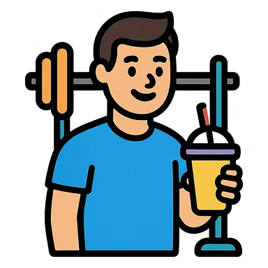 one man smiling and holding a smoothie cup in the gym, icon style, modern and easy to understand sticker